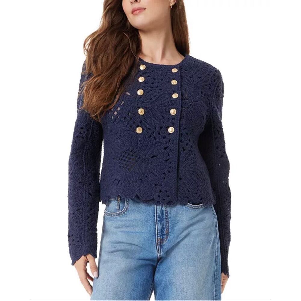 Sam Edelman Fiona Knit Double Breasted Collarless Blazer Navy Medium